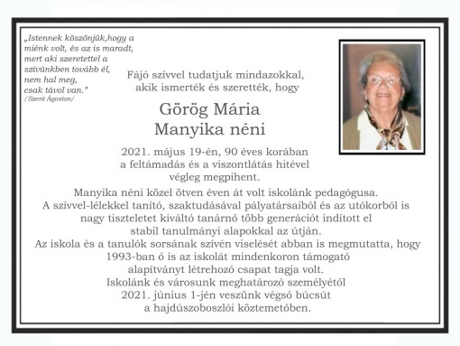 Búcsúzunk Görög Mária Manyika nénitől